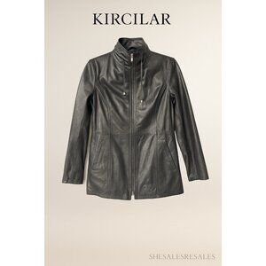 KIRCILAR Genuine Leather Jacket Fume Gray Plaid Lined Zip Funnel Neck Women’s M